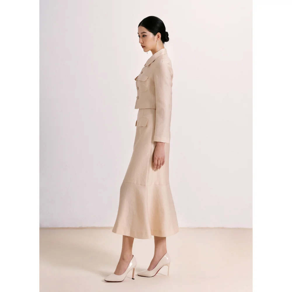 Лидер продаж 2024 длинная трапециевидная Женская юбка юбка-труба Олаф разрезная спереди четырехсезонная одежда Женский комплект Белый муравей Вьетнам