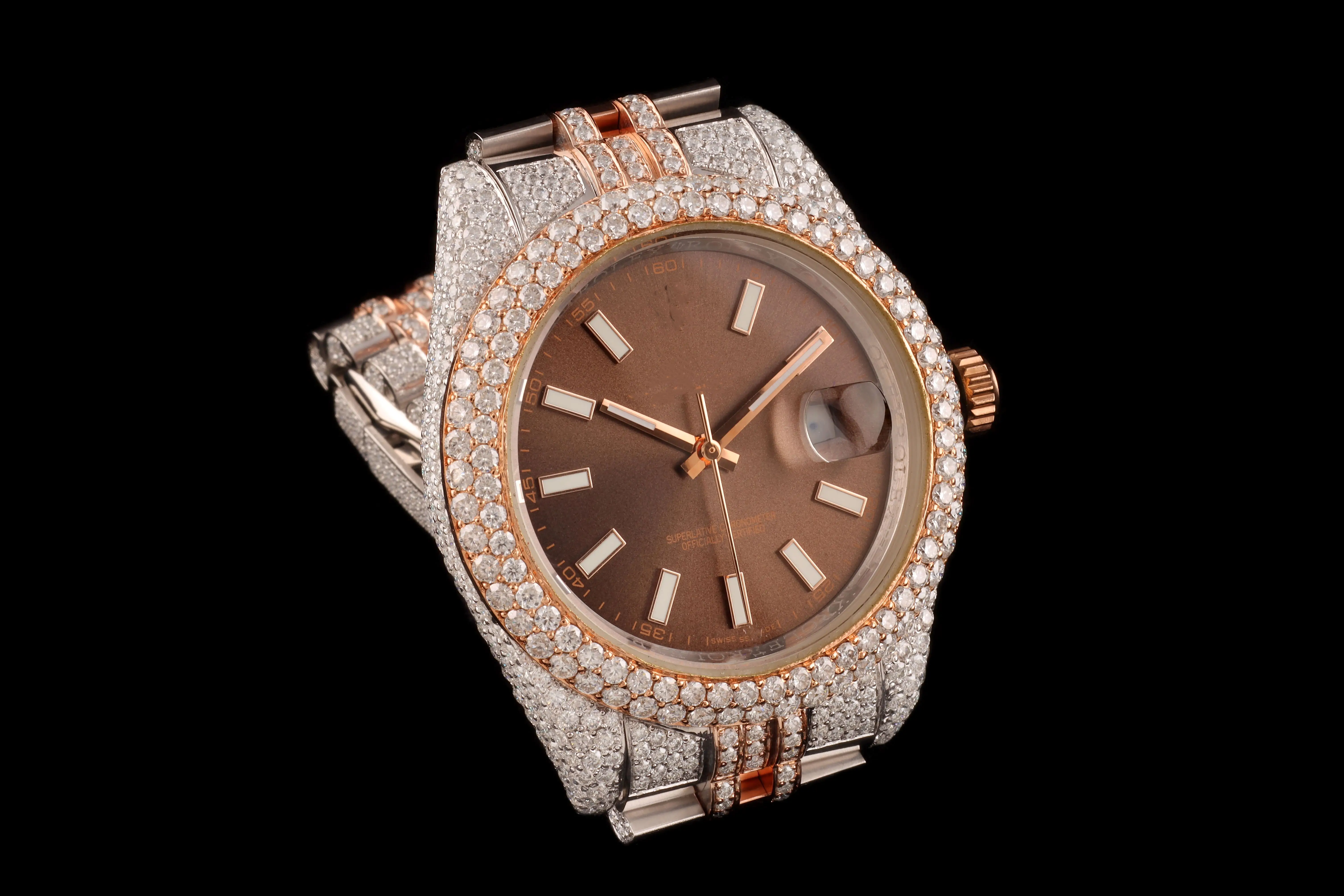 Luxury VVS Moissanite Watch Diamond black and white color Pave Setting Stainless Steel Custom Quartz Watches For Men