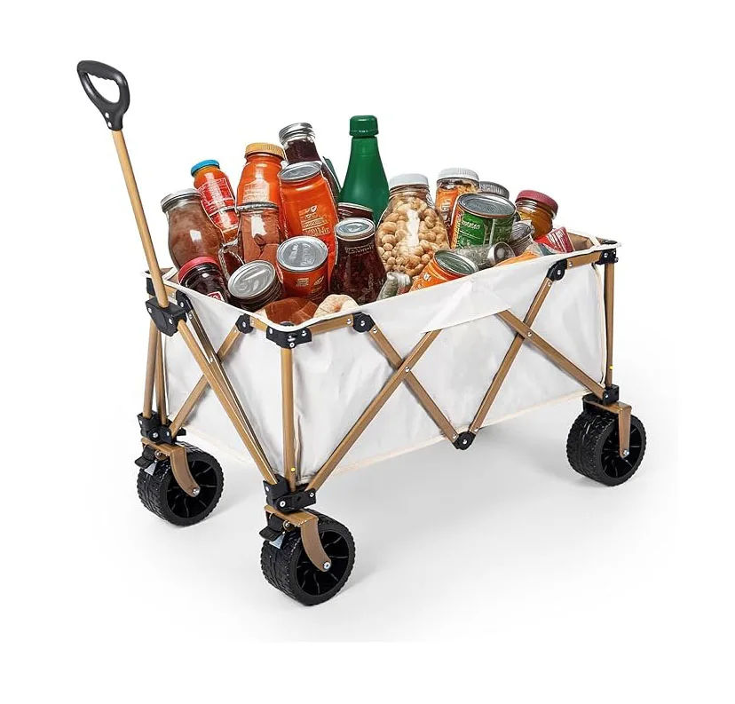 THCW10214 - Collapsible Folding Wagon Cart with Big All-Terrain Wheels, Heavy Duty Foldable Cart with Brakes for Camping, White