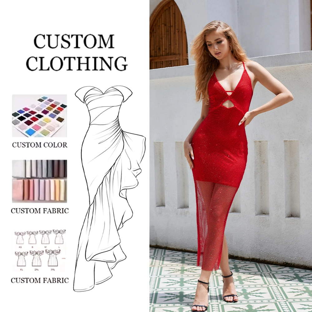 Custom Oem Casual Dresses Deep V  Fish Net Sleeveless Red Midi Dress Halloween Costume Shiny Sequin Custom Casual Dresses