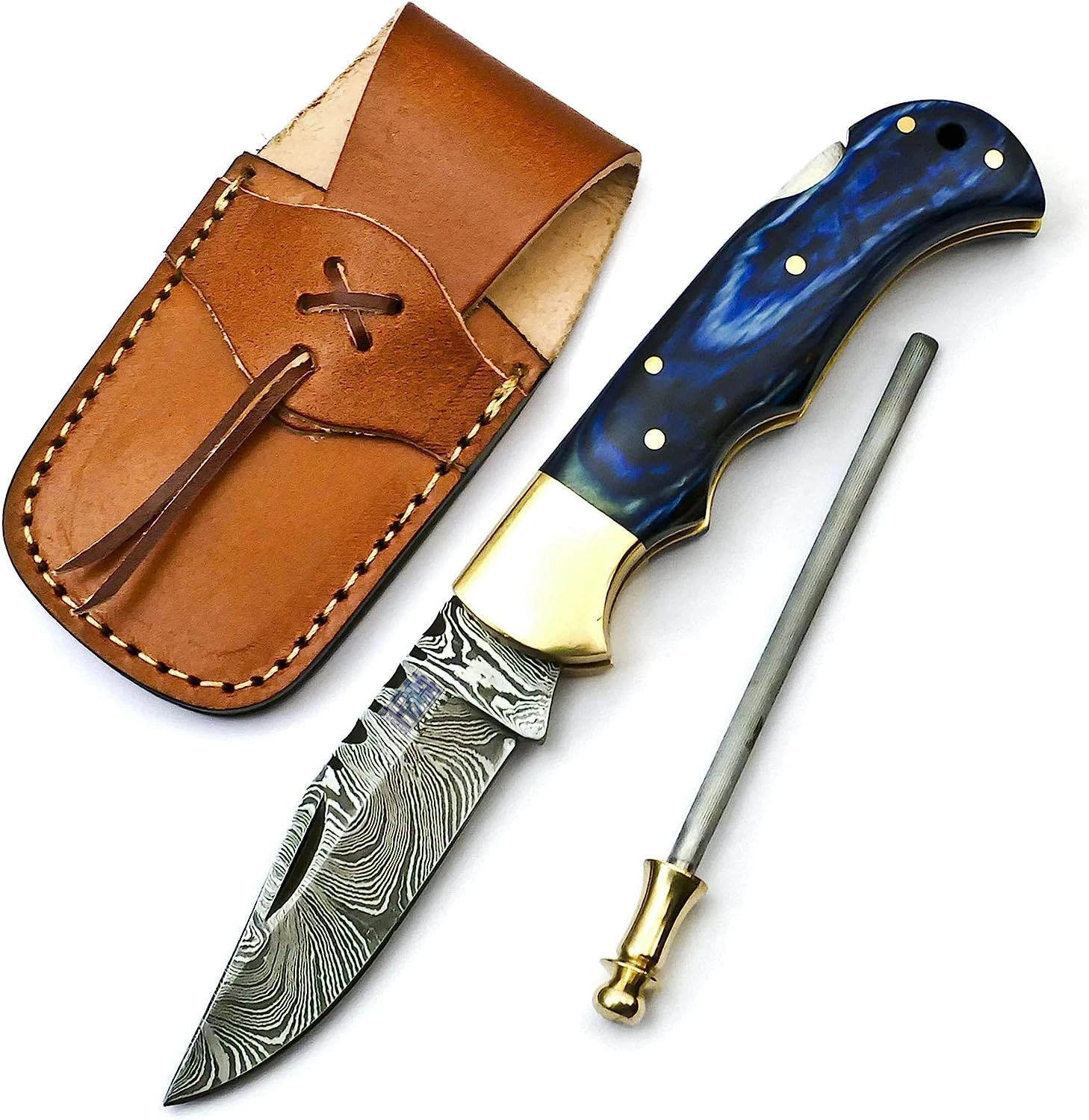 Handmade Damascus Pocket knife Wood Handle for Men Folding Knife with back lock & Sharpening Rod Pocket knife for Camping Hiking