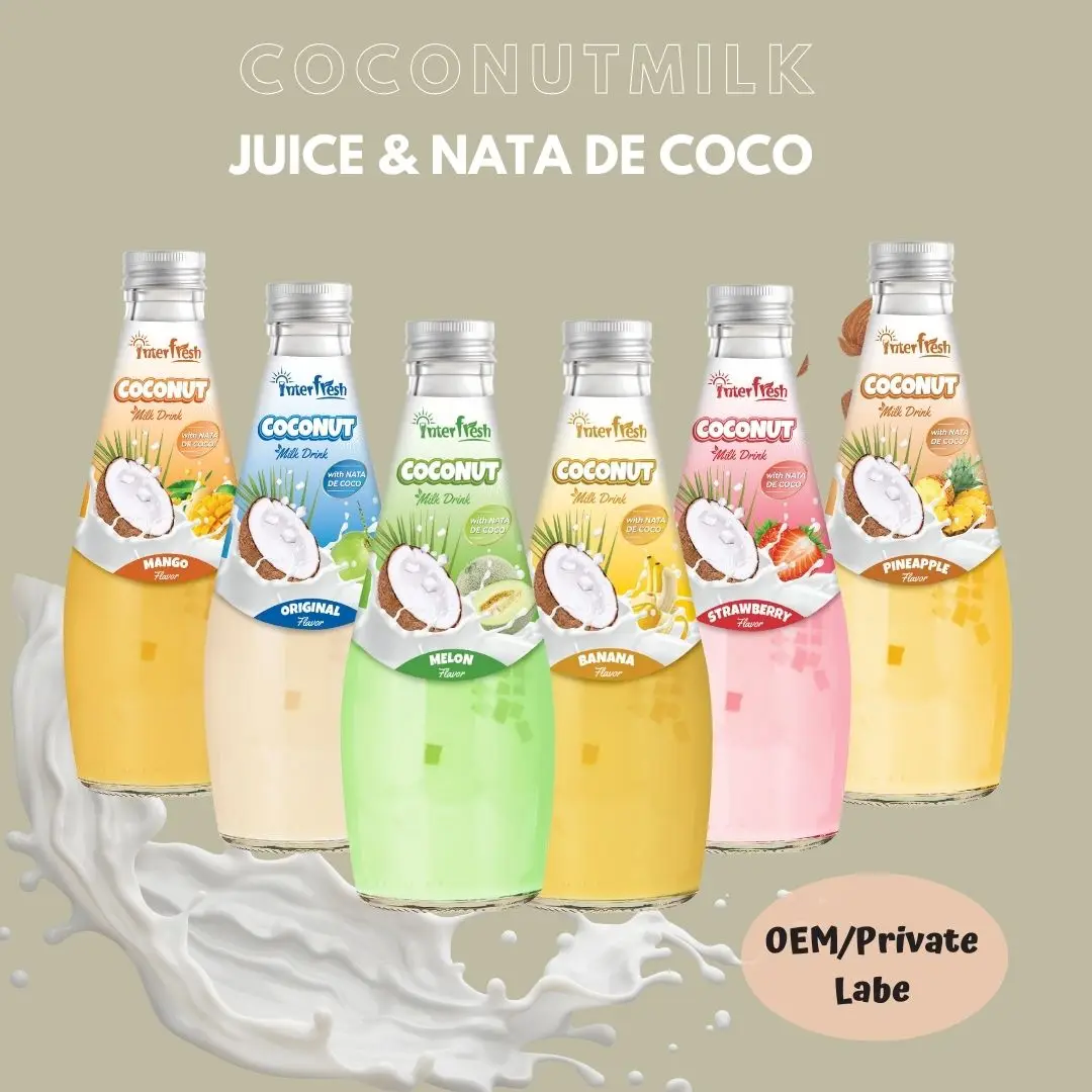 INTERFRESH Exporter From Vietnam High Quality Coconut Milk Nata De Coco Fruit Drink With Banana 290 ml Glass Bottle Customized