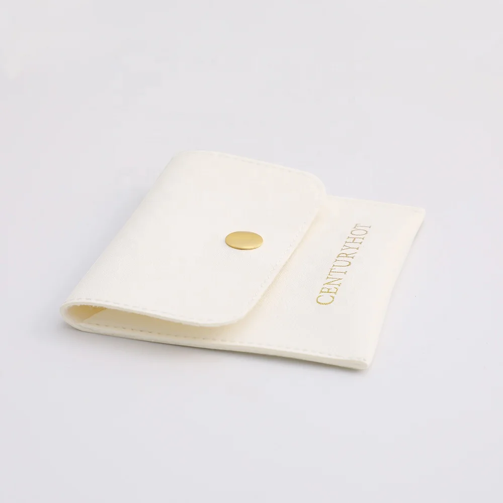 PUPPYSEW Wholesale White PU Leather Jewelry Pouch Bag  Jewelry Packaging Bag With Sanp Button Necklace,ring Pouch  With logo