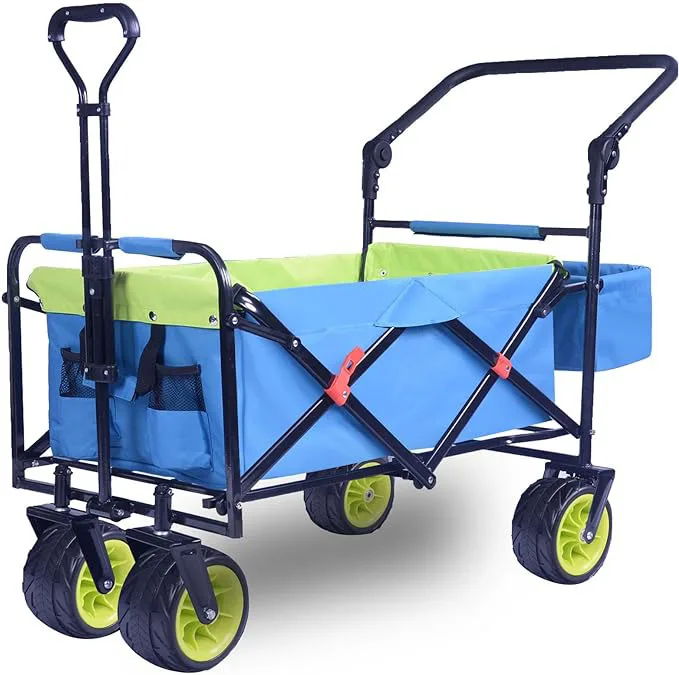 THCW10085 - Collapsible Folding Wagon Cart with Rear Bag, All Terrain Big Wheel for Sand, Beach, Camping, Shopping, Blue