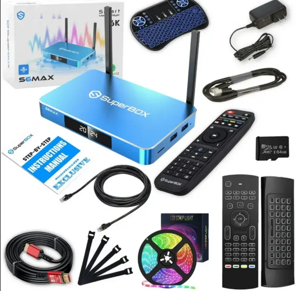 2024 SuperBox S6 Max Ultra Pro Premium Edition Bundle Deal Bonus 8K Cable 64GB TF Card Backlit