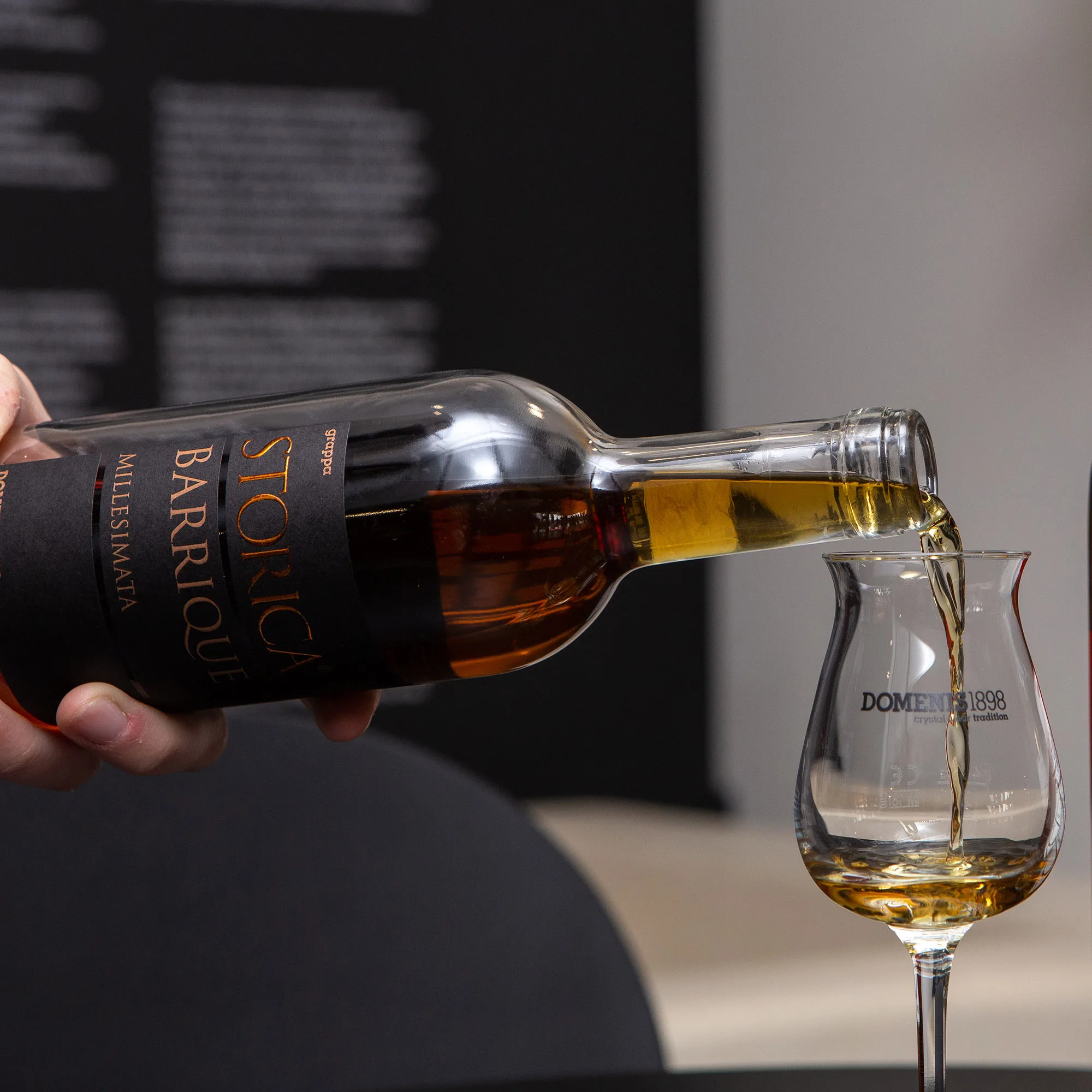 Premium Barrique Grappa Storica Riserva Barrique Millesimata in elegant glass bottle 50 cl and 150 cl formats available