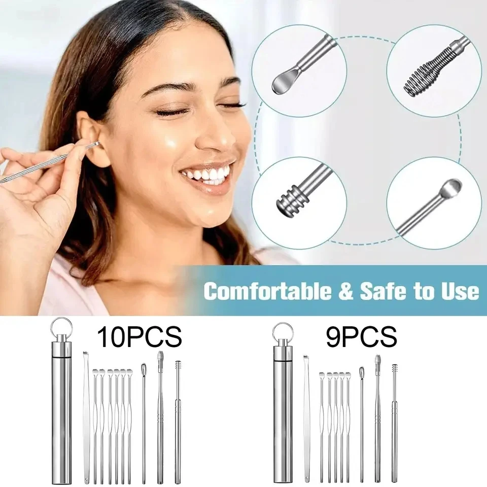 9 Pieces Premium Quality Ear Cleaner For Wax Pickers Earpick Wax Remover Curette Ear Pick Cleaner Kit Spoon Care Ear Clean Tools