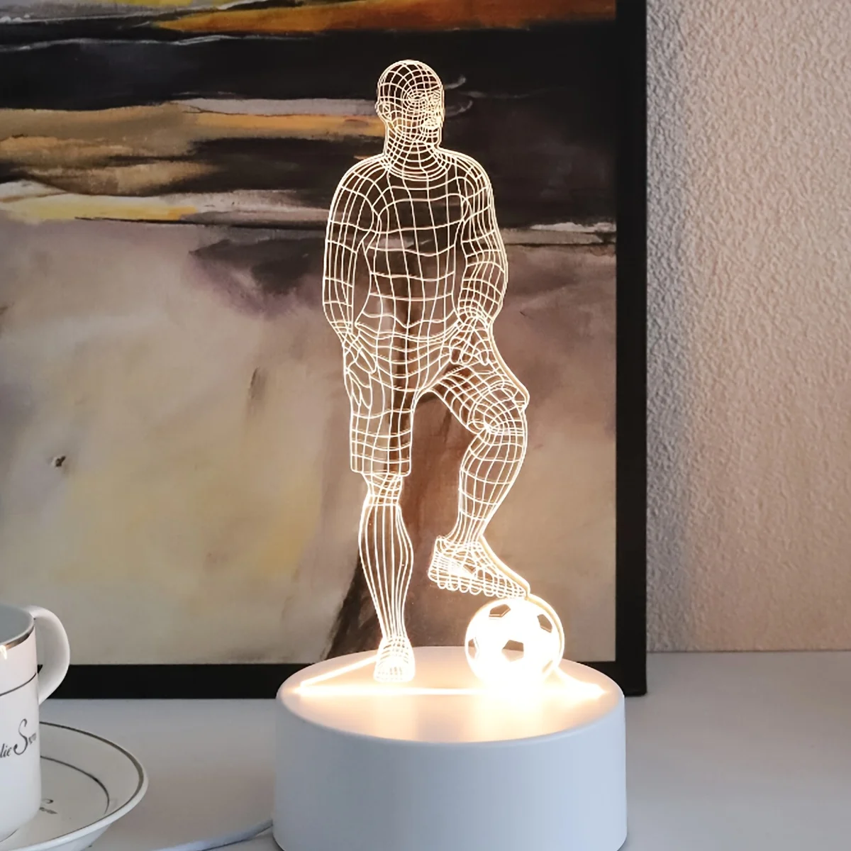 Football Player Shape Soccer Table Lamp with 3D Acrylic Plate USB Indoor LED Night Light for Bedroom Bedside Decoration