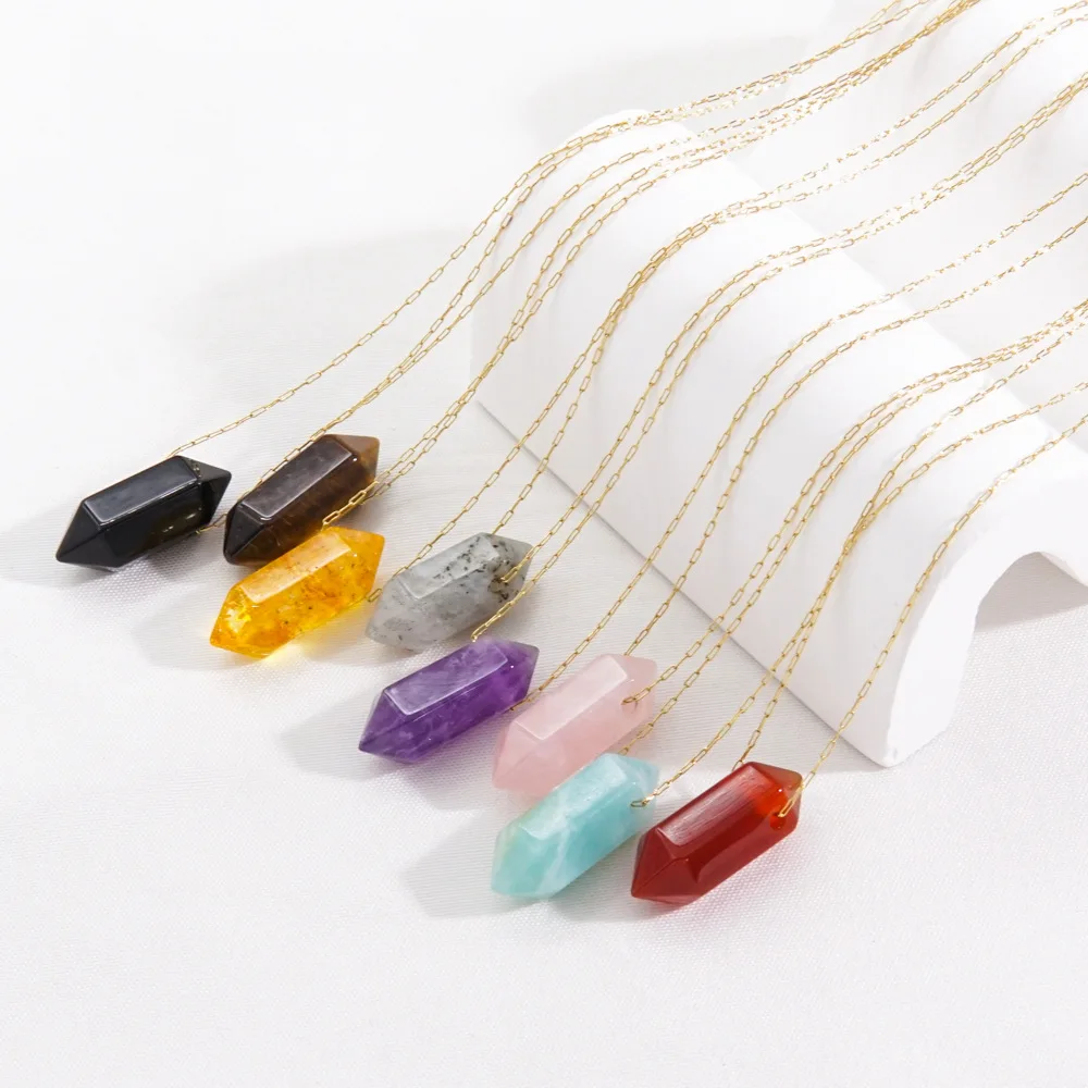 Bullet natural stone necklace Yoga therapy happy hexagon cone Multicolored jewel stainless steel necklace