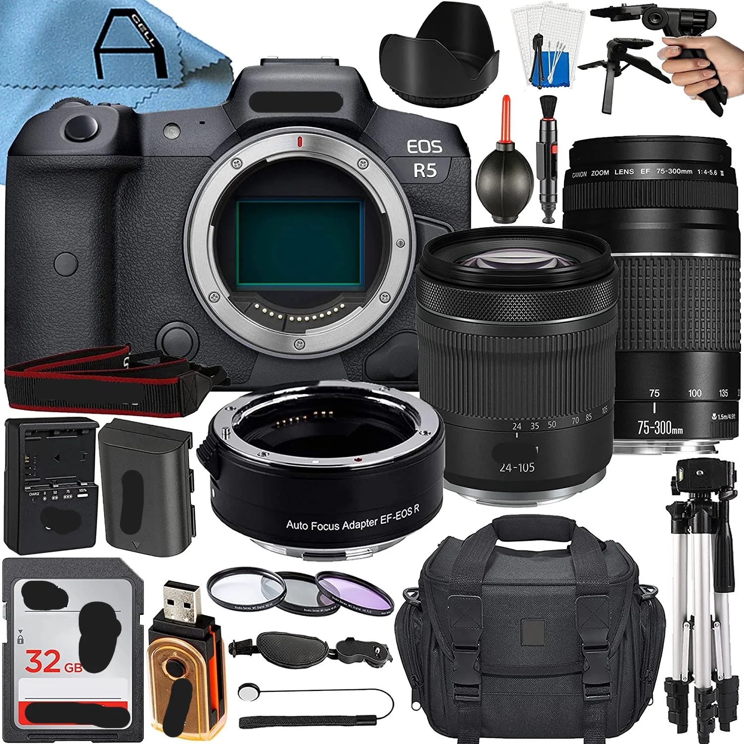 Бесзеркальная цифровая камера R5, сенсор 45 МП с EF 75-300 мм + RF 24-105 мм двойные Объективы + адаптер крепления + комплект аксессуаров для A-Cell