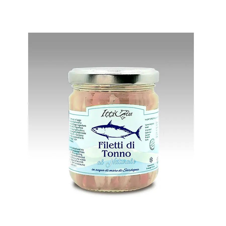 Hot Sale 100% Tuna Fillets in Sardinian Sea Water Handmade Canned Tuna Processed in Glass Jar Salt Oil Preserved Halal Certified