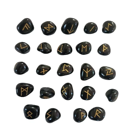 Wholesale Natural Black tourmaline Rune Stone Set Symbol Engrave Healing rune tumbled stone Rune Stones for reiki meditation