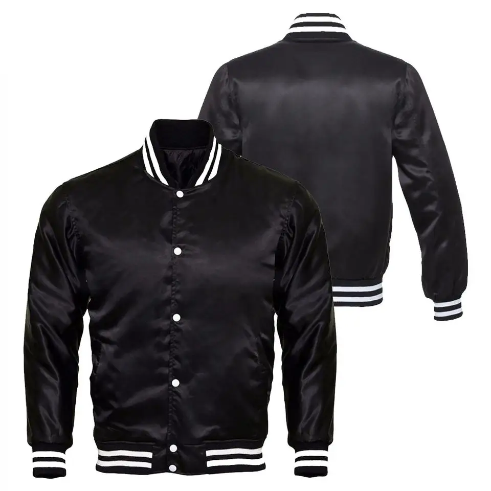 Satin Leather Sleeve Wool Baseball Varsity Jacket Stand Collar Men Quilted Black Color Varsity Jackets USA Style Male Outerwear