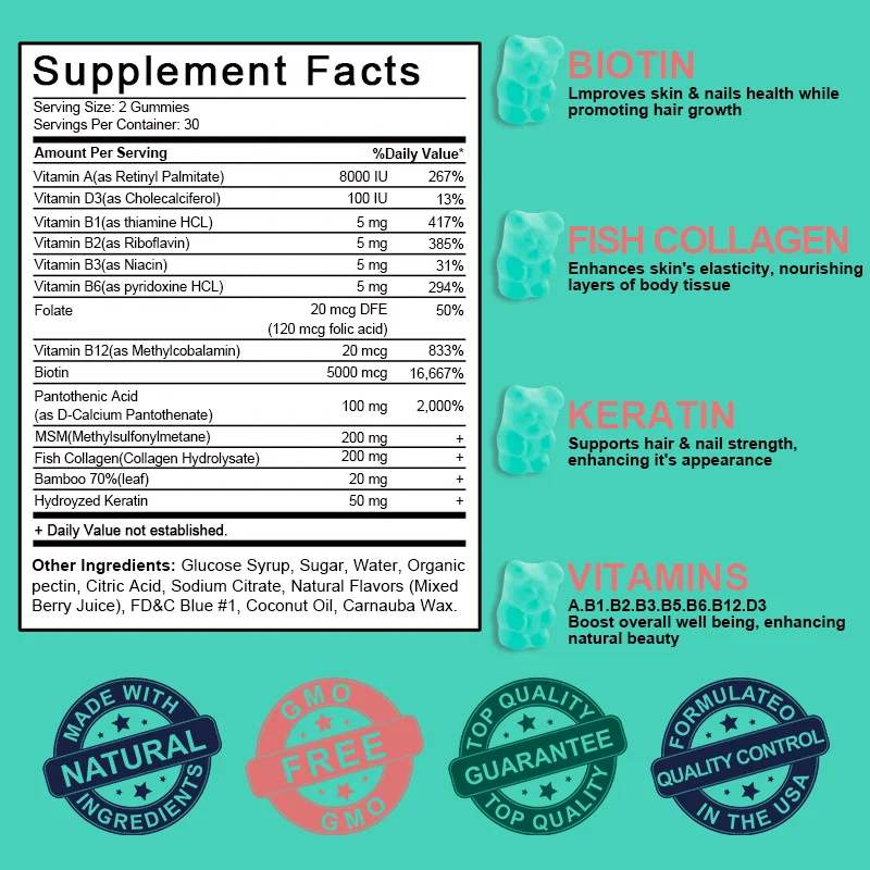 Beauty Biotin Collagen And Keratin Gummies Hair Gummies Biotin Halal Gummy Bears Biotine Keratin Skin Care For Adults