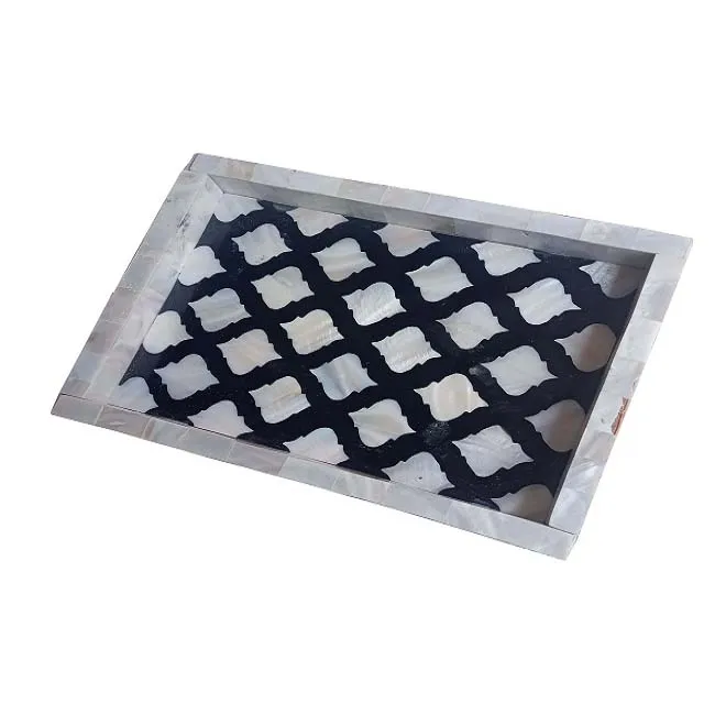 Mother of Pearl square Rattan Rustic Decorative Serving Tray for Breakfast, Drinks, Coffee Table and Home Decor Low Price