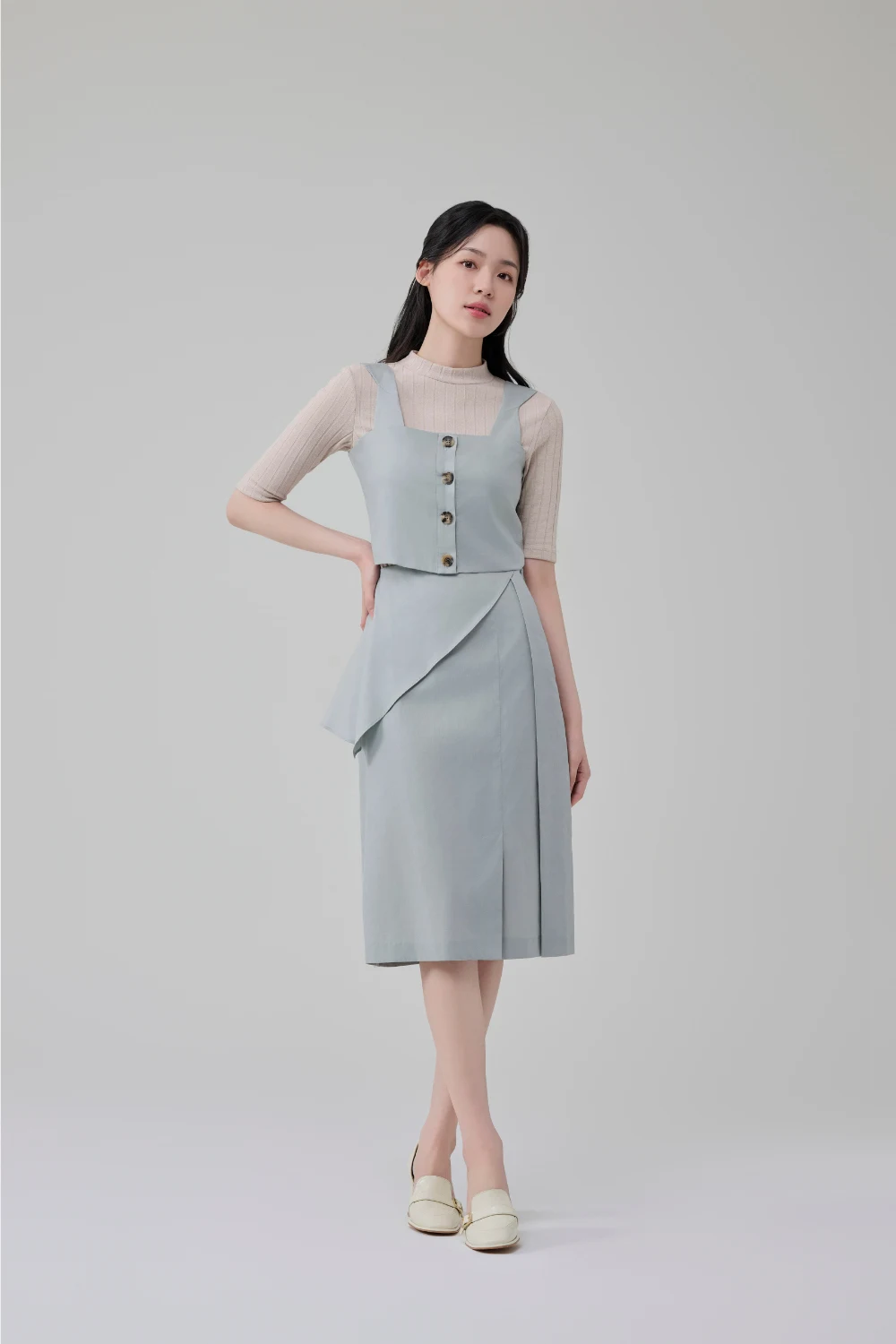 [HYEYEONG KIM] CO-ORD SET VEST Trending Products 2024 New Arrivals Wholesale Clothes Taupe/bluemint S/M Korean Fashion
