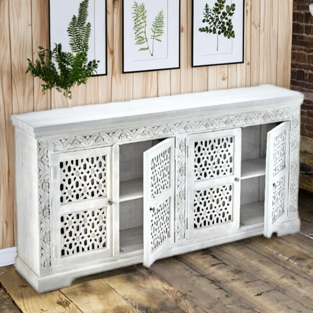 Solid White Mango Wood Sideboard Handcarved for Bedroom Dining Room Hotel Farmhouse Home Bar Furniture with Storage Features