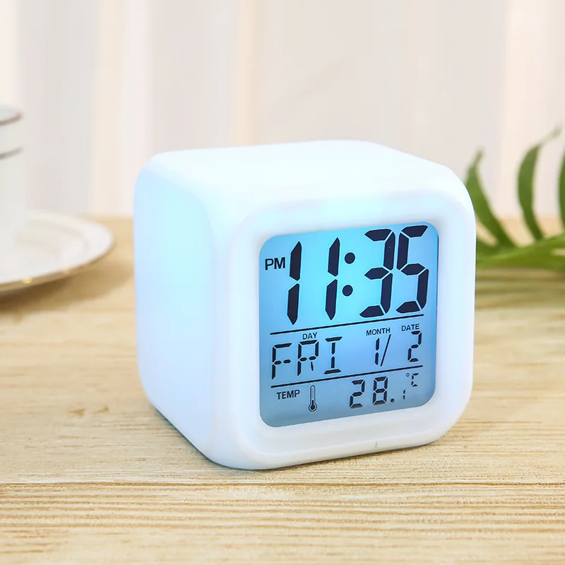 LED Sublimation Digital Alarm Clock Electronic Multifunctional Thermometer Light Up Cube 7 Colors Clock Kids Alarm Clock