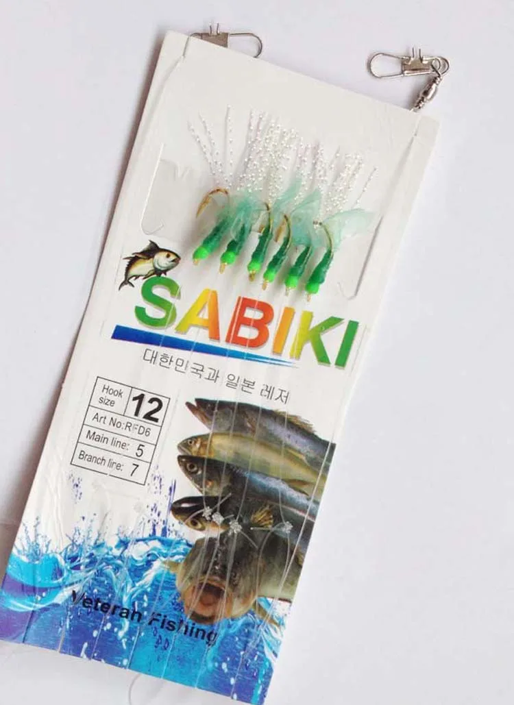 6#-15# Green Sabiki Rigs With Luminous Beads 6 Hooks Sea Flasher Bait Rigs Fishing Hook Sabiki Hook
