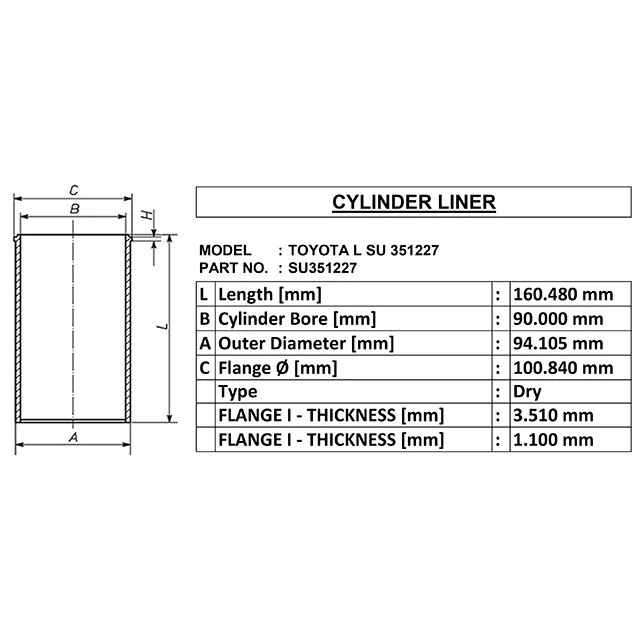 l su 351227 for Dry cylinder liner oe su351227 id 90 od 94.105 length 160.48 made in india