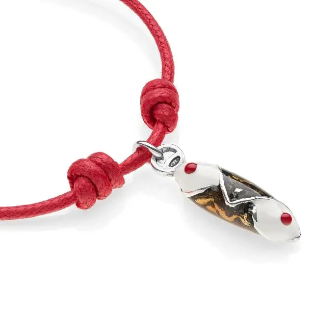 Handmade in Italy Unisex Bracelet Cotton Cord with Sicilian Cannoli Charm in Sterling Silver and Enamel