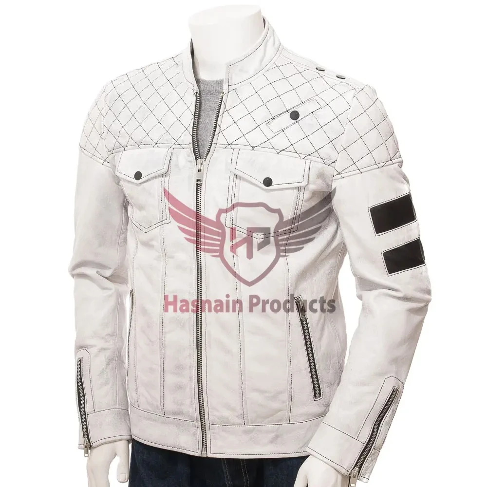 Custom Premium Quality Men genuine White Leather Biker Jacket Customizable Fit and Style for Motorcycle Handcrafted Design