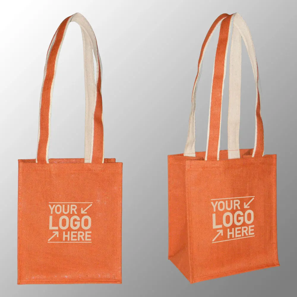 Jute Shopping Mini Tote bag with Lamination Inside shoulder handles custom printed with your 1 color logo for free