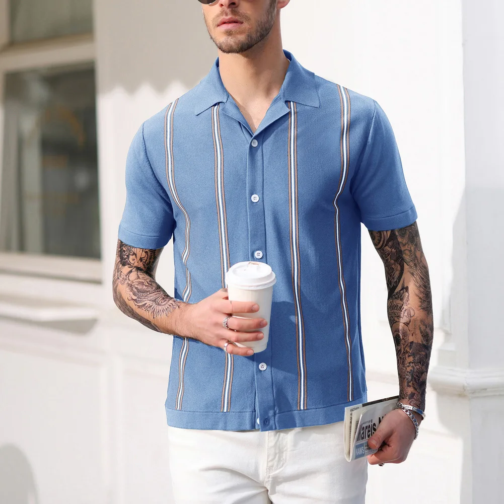 Men Contrast Color Cardigan Lapel Vintage Knitted Top Short Sleeve Sweater Men