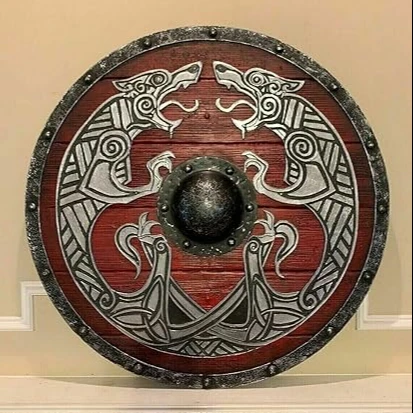 Warrior Wood & Steel Viking Round shield Armor Templar wood shield dragon painted in red colour