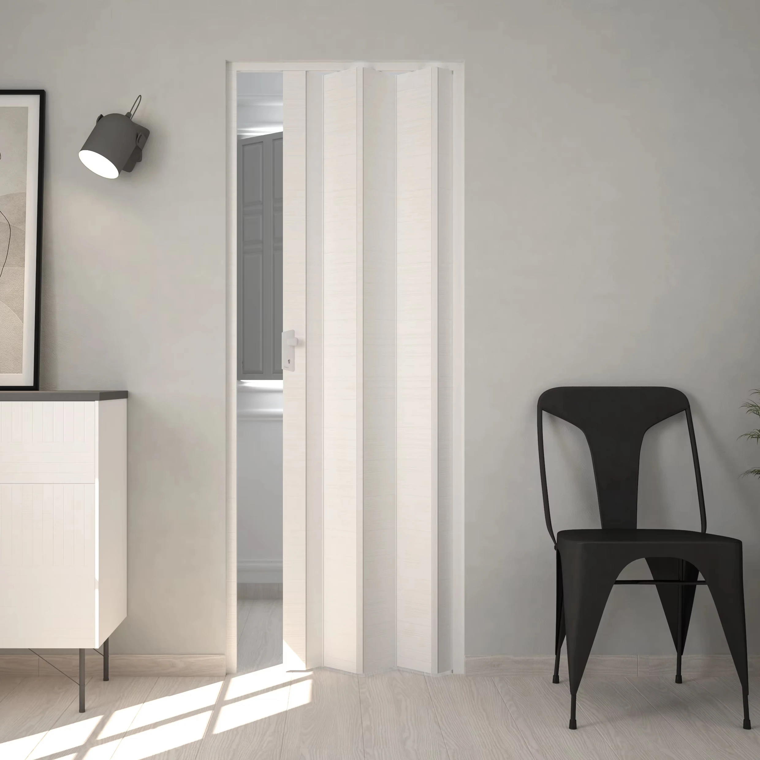 High Quality ABS Lock Sleek Modern Horizontal White PVC Bi-Fold Door Quiet Closing Waterproof Home Hotel Sliding Apartments