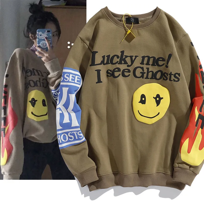 Kanye Kanye Men and Womens Hip Hop Foaming Smiley Face Graffiti Print Crew Neck Sweater for Couples