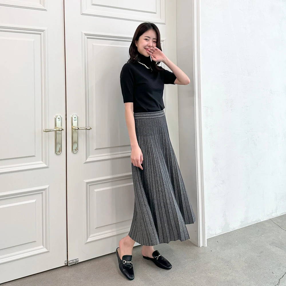 [NITID BY] Women Clothing Balen Metal Pleated knit Skirt Fall Fashion Gray Color Popular knit lady fashion fitting line