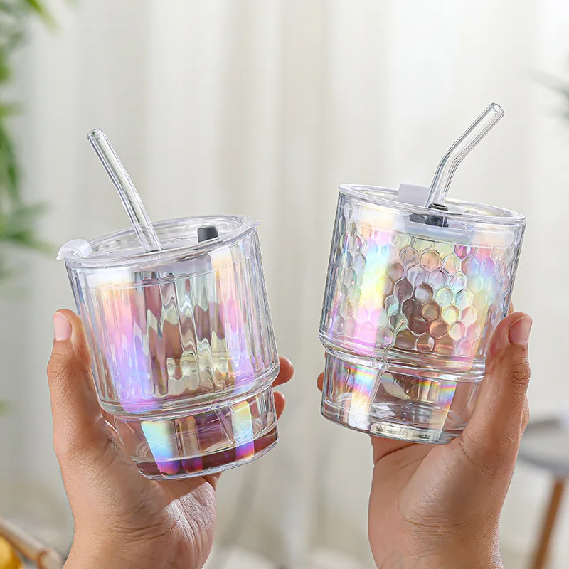 High value with lid laser colorful glass straw cup net red bamboo festival cup glazed glass