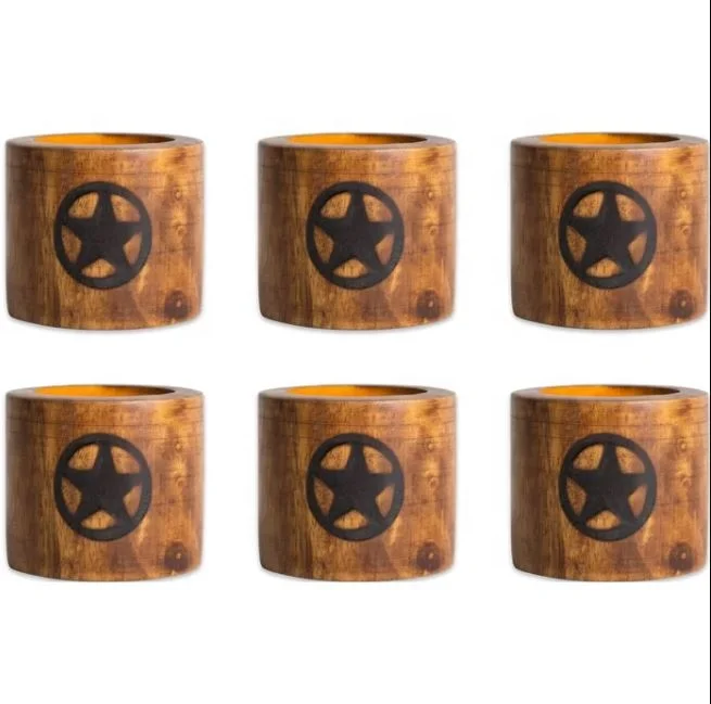 A Classic Style Set Of 6 Lone Star Print Mango Wood Napkin rings For Your Tables Cape And Home Dinning Decoration