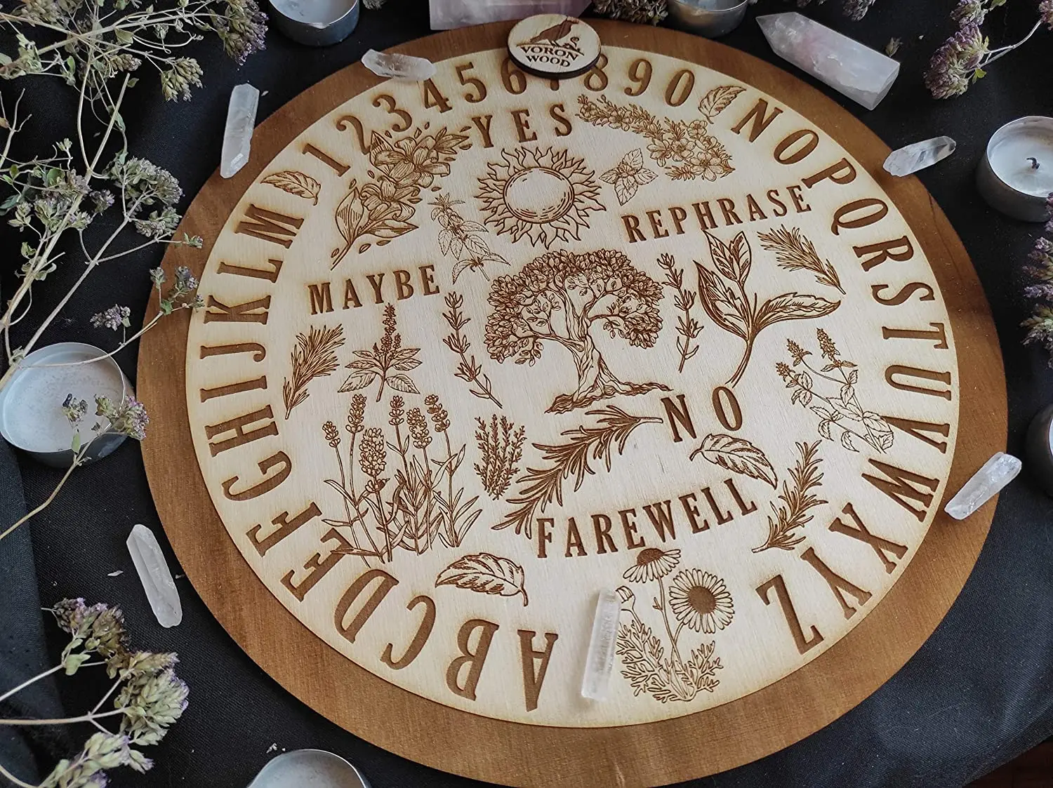 Wooden Round Ouija Board Forest Spirit Board with Herbal and Tree Floral Gothic or Witch Decor Spirit Game Divination Tools