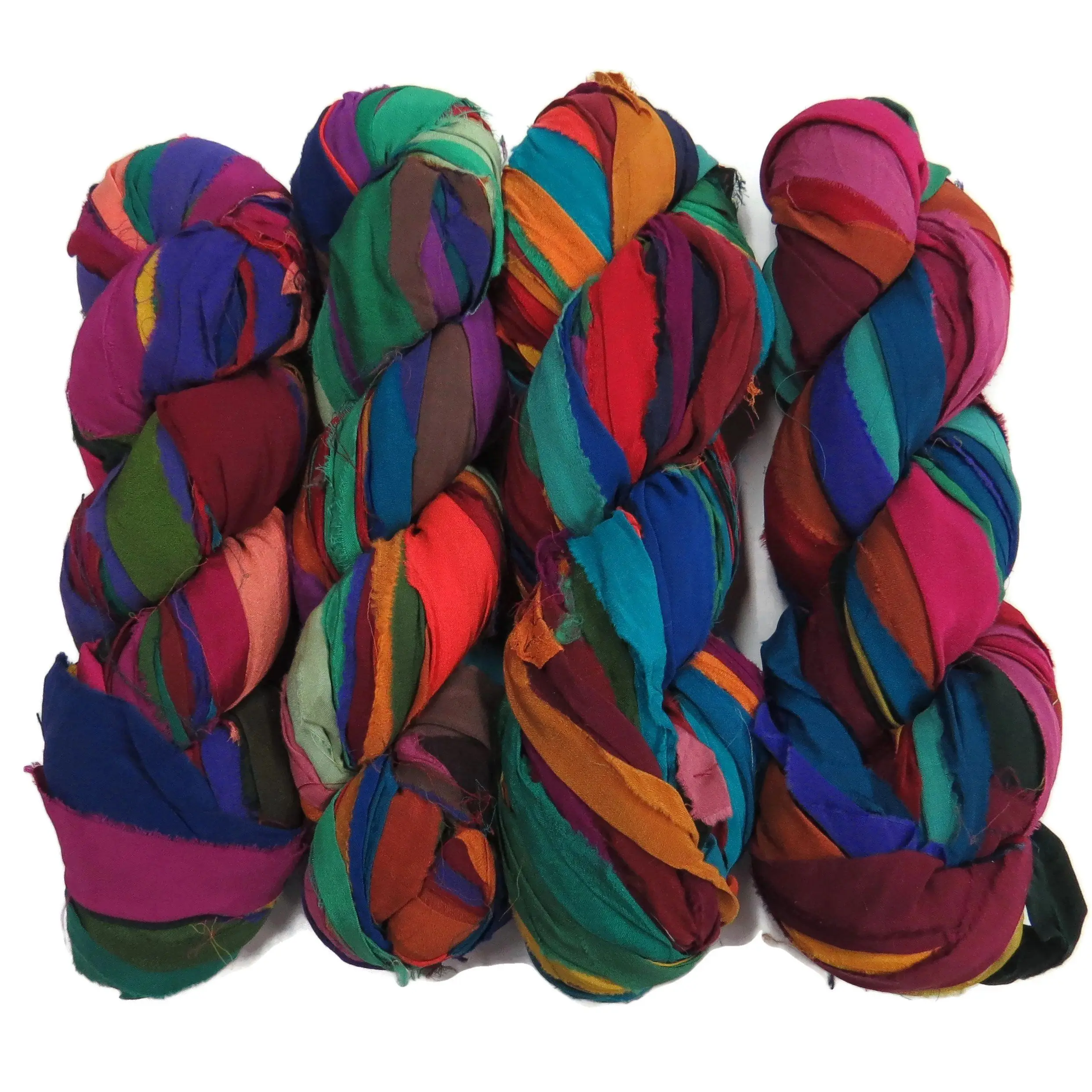 multii colored sari silk ribbon yarns made from recycled sari silk fabric suitable for yarn and fiber stores
