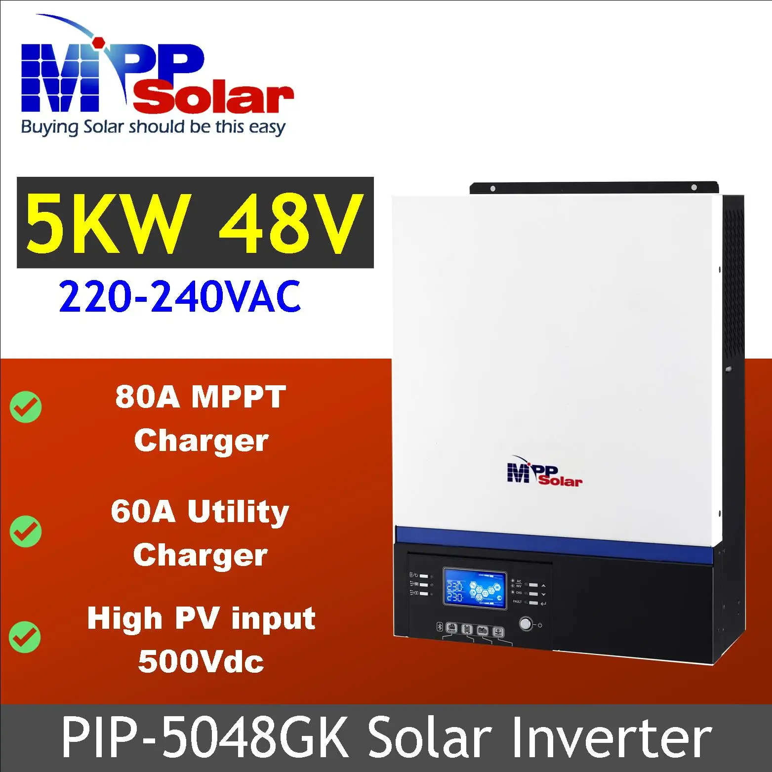 mpp solar inverter 5000w 48v 230v mppt solar inverter High PV input 500v 80A MPPT solar charger battery charger 60A