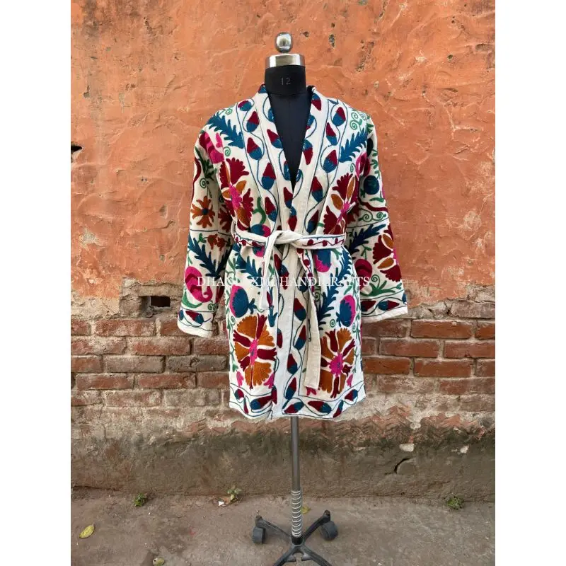 Wholesale Indian Cotton Suzani Hand Embroidery Velvet Kimono Bathrobe Style Sleepwear Night Robe Maxi Gown Boho Unisex Wear Robe