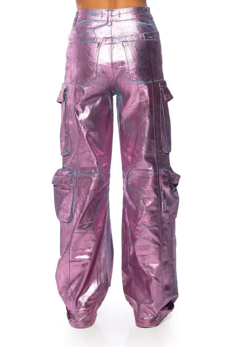 LA ISLA METALLIC CARGO JEANS IN PINK High Waisted Flap Pocket Cargo Jeans  Baggy Boyfriend Trousers pants for women
