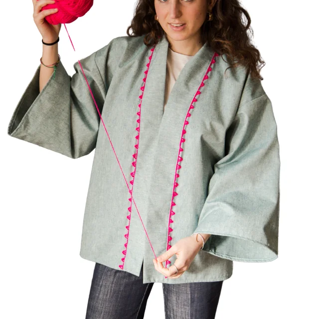 Light Blue Handcrafted linen kimono for women with handmade embroidery made in Italy italian design sustainable