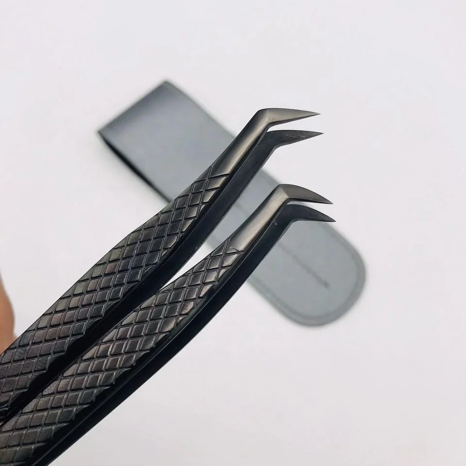 Wholesale Low MOQ Black Plasma Sustainable Steel Mega Volume Eyelash Extension Tweezers Professional Pointed round Boot Tweezer