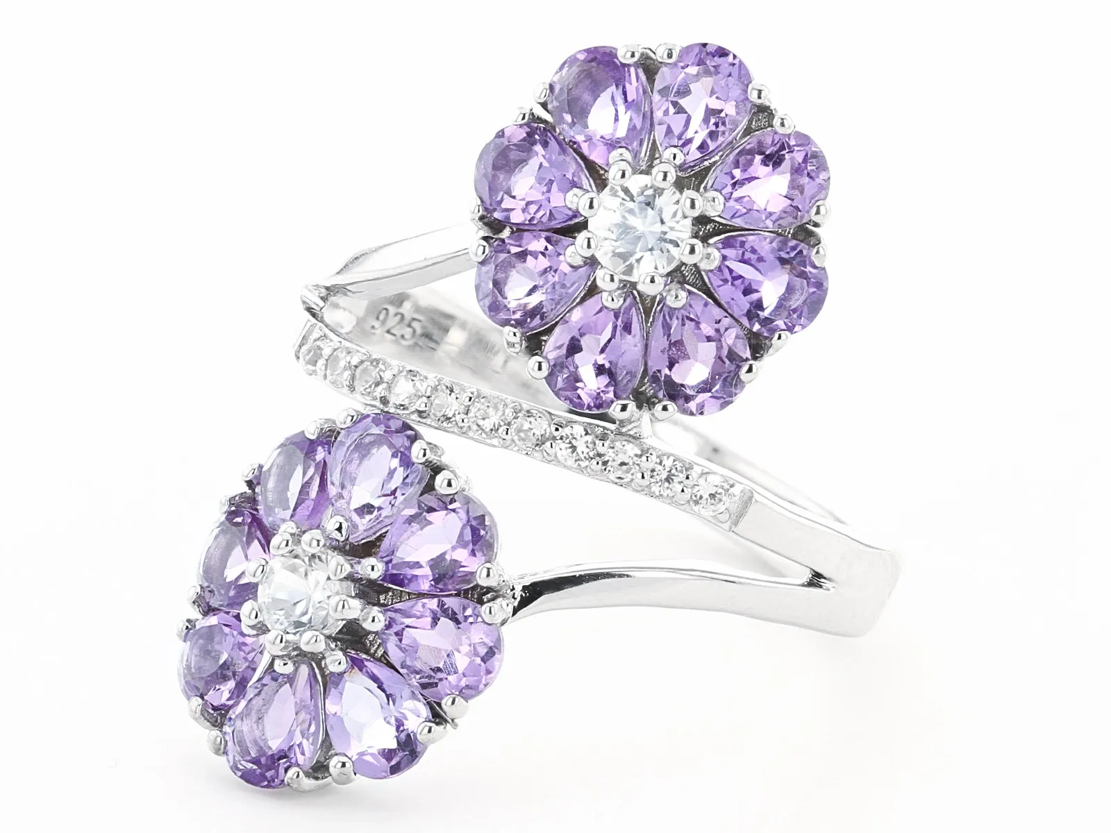 Purple Amethyst Flower Bypass Ring: Rhodium Over Sterling Silver | Exquisite Fine Jewelry | Elegant Design with Vibrant Sparkle