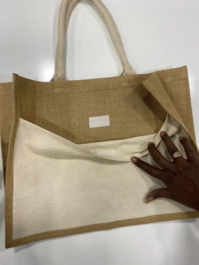 Jute shopper Bag heat transfer print with outer pocket designs sizes Colors Printing packing styles manufacturer and wholesales.