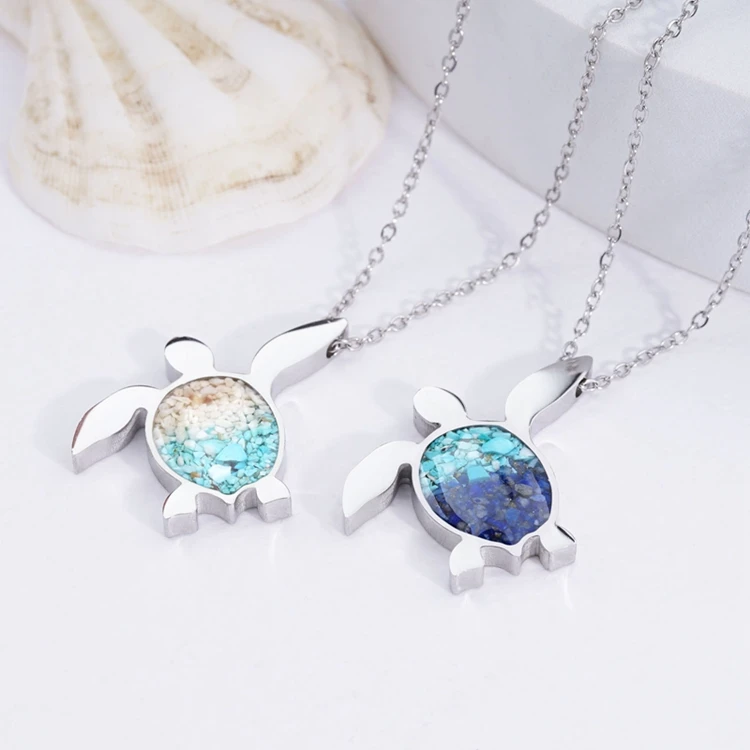 Beach Sea Turtle Charms Ocean Necklace Stainless Steel Chip Gemstone Turquoise Broken Stones Turtle Necklace