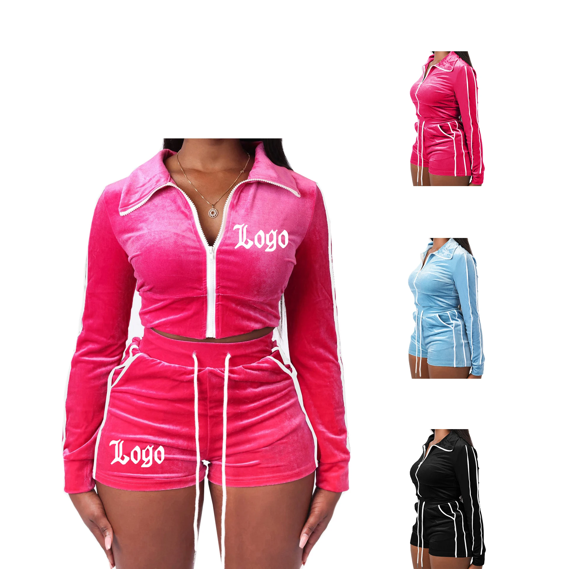 Custom Logo Velour Suits Shorts And Long Sleeve Crop Top Track Suit Workout 2 Piece Set Velvet Tracksuit For Women Breathable