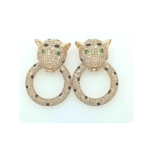 Natural Diamonds Panther Earrings Made in 14kt Yellow Gold With Black Enamel and Green Stone With 7.20ct