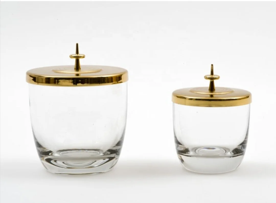 Custom Glass Canister With Gold Platted Leaf Lid For Storage Customized Metal Canister In Wholesale Price