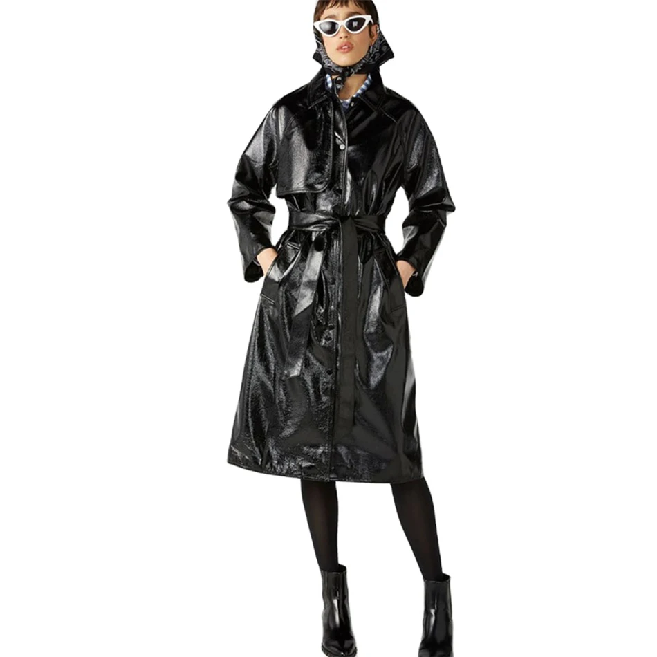 Manufactured Single Breasted PU Leather Faux Lamb Fur Lined Mid Long Overcoat Coat Size Women