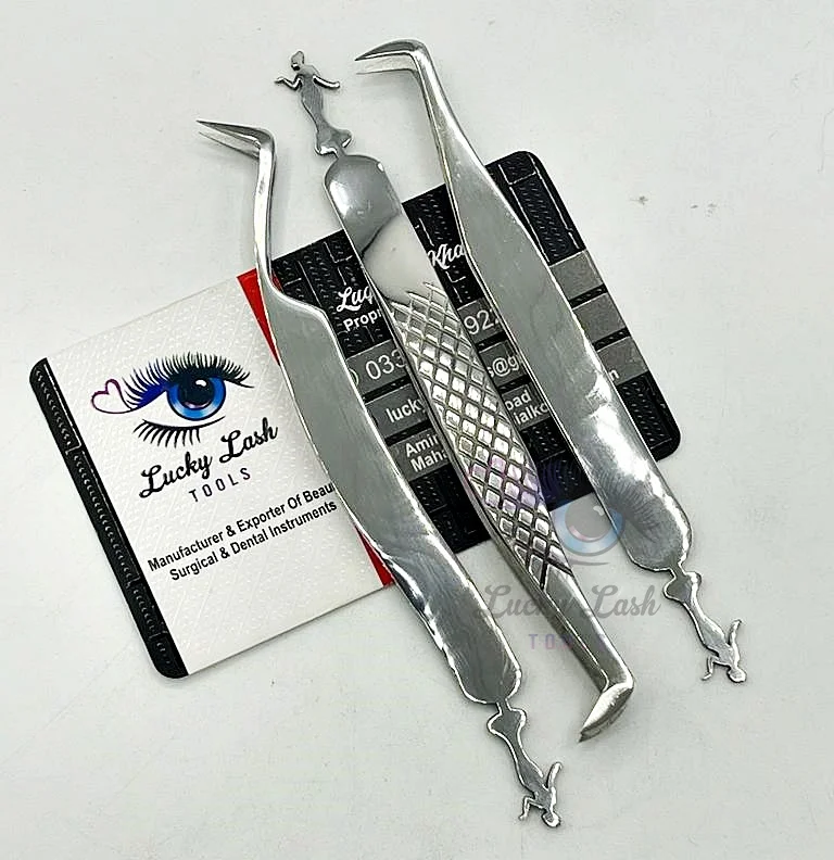 Smooth & Diamond Grip Doll Shape Tail Fully Polished Tweezers Set Eyelash Extension Tweezers false eyelashes & tools Custom Logo