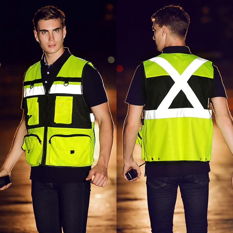 Automobile Motorcycle Reflective Safety Vest Yellow High Visibility Night Warning Safety Coat for Traffic Car Summer Mesh Vest